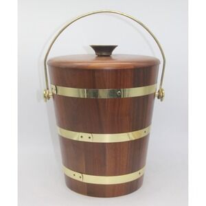Ice Bucket Walnut Brass Vtg 1960's MCM Vermillion With Plastic Lining Inside